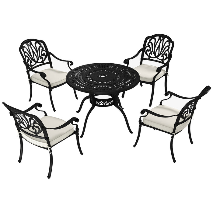 Cast Aluminium 4-Seater Outdoor Dining Set - Comfortable Cushioned Chairs with Parasol Hole - Ideal for Patio & Garden Entertaining