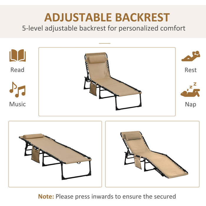 Folding Sun Lounger 2-Pack - Adjustable Reclining Camping Cot with Side Pocket and Pillow - Perfect for Patio, Garden, Beach, Pool Relaxation, Beige