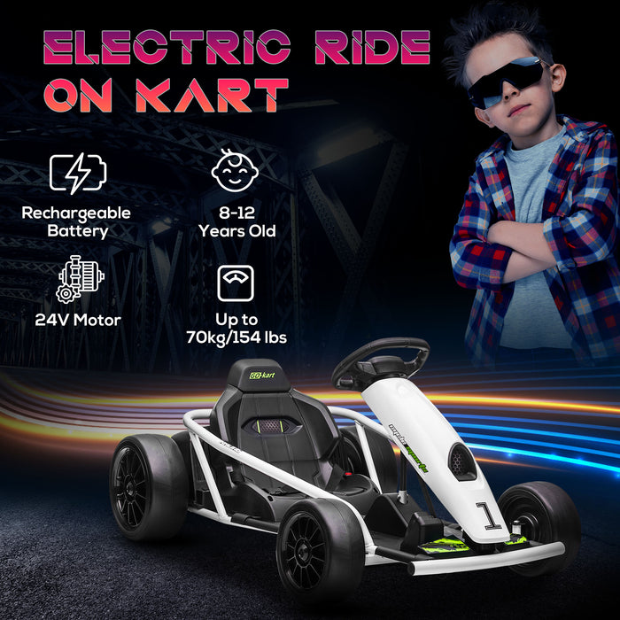 Electric Go Kart for Kids 24V - Drift Racing Ride-On with 2 Speed Settings, White - Ideal for Boys & Girls Aged 8-12 Years Old