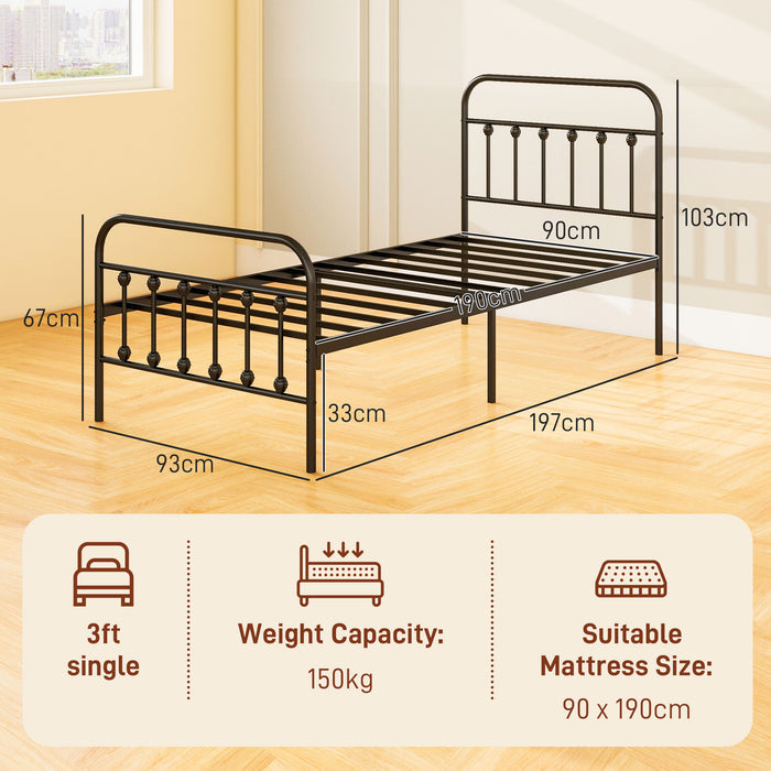 Single Platform Bed Frame with Tall Headboard - 3ft Steel Slat Design with Underbed Storage - Easy Assembly, No Box Spring Needed, Black