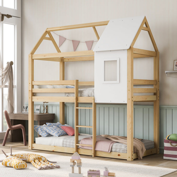 Solid Pine Wood Bunk Bed with Convertible Ladder - Twin Sleeper with Safety Features, Foldable Design, 198x94x221 cm - Ideal for Space Saving & Kids' Room