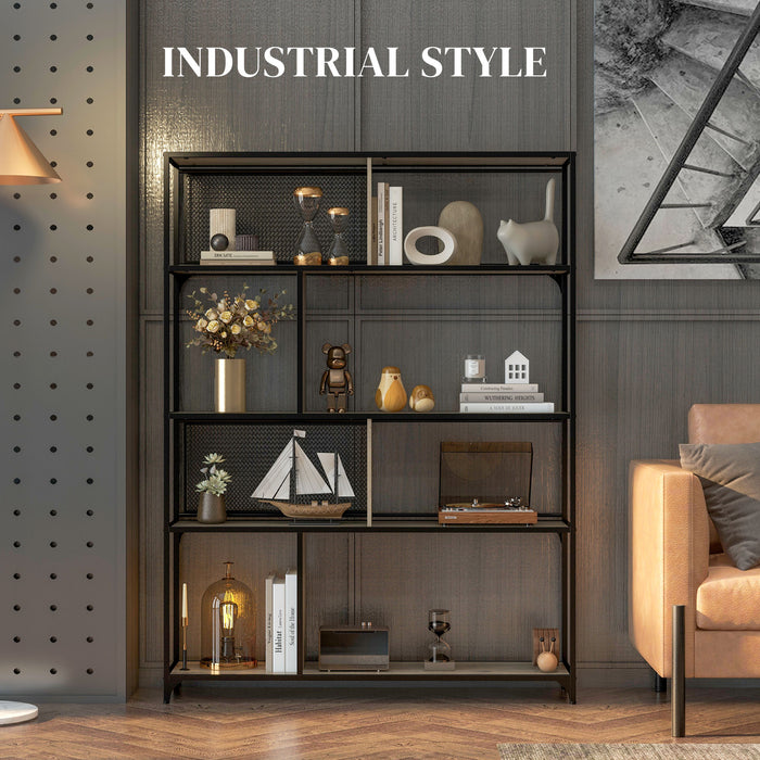 Industrial 5-Tier Bookshelf with Sliding Mesh Doors - Metal and Grey Wood Grain Storage Shelving Unit - Ideal for Living Room, Study, Bedroom Organization