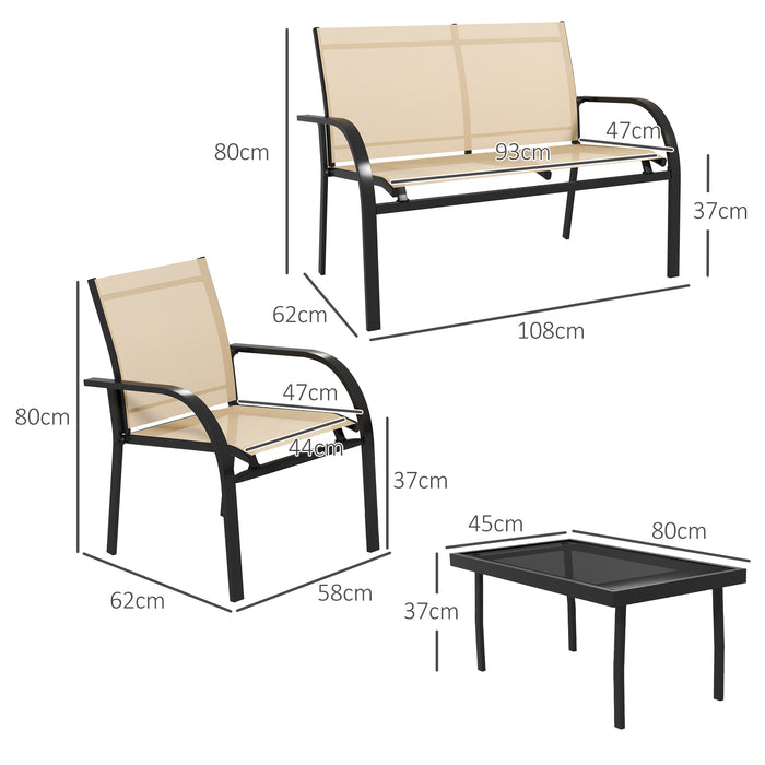 Curved Steel 4-Piece Patio Set - Loveseat, Texteline Chairs, Glass-Top Table for Garden & Balcony - Ideal for Family Gatherings & Entertaining Guests, Beige