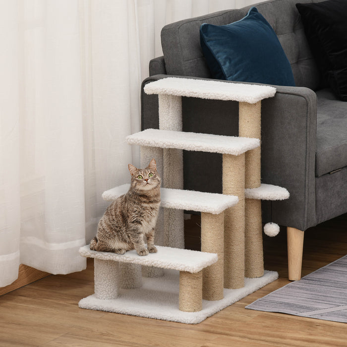 Elderly Cat 4-Step Staircase - Scratching Post Ladder with Platforms & Play Ball - Ideal for Aging Cats & Kittens to Climb and Play