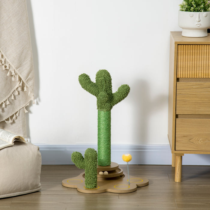 Cactus-Shaped Chenille Cat Tree 60cm - Activity Center with Sisal Scratching Post & Interactive Turntable Ball Toys - Perfect Play Structure for Energetic Cats