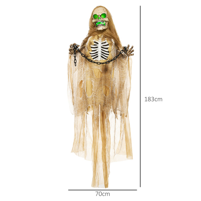 72" Hanging Skeleton Decoration with Sound and Light - Halloween Animatronic with Sound Activation, Light-Up Body and Sound Effects - Spooky Prop for Haunted House and Outdoor Display