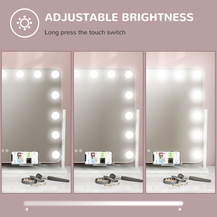 Large Hollywood Vanity Mirror with LED Lights - 63x50 cm Lighted Makeup Mirror, 3 Colour Modes, 14 Bulbs, Touch Control - Includes 10X Magnifying, USB Port, Phone Holder, 360° Swivel Function