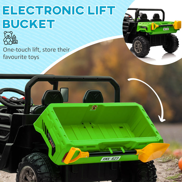 12V Dual-Seater Children's Ride-On Vehicle with Electric Lift Bucket - Interactive Remote-Controlled Car in Vibrant Green - Perfect for Imaginative Outdoor Play