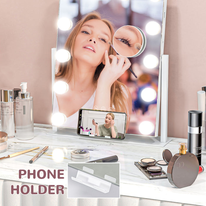 Hollywood Vanity Mirror with Lights - 37x46 cm, 3-Color Lighting, 12 LED Bulbs, 10X Magnification - Includes USB Port and Phone Holder for Makeup Artists