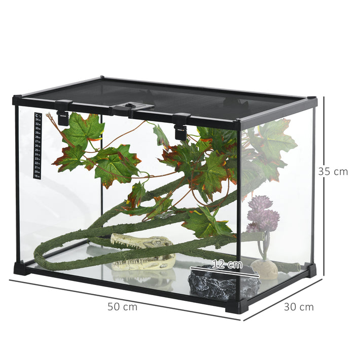 Reptile Habitat Terrarium Set - Glass Enclosure with Decor Kit and Built-in Thermometer, 50cm x 30cm x 35cm - Perfect for Breeding Small Animals, Heated Design in Sleek Black