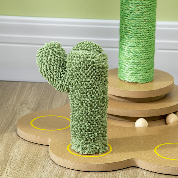 Cactus-Shaped Chenille Cat Tree 60cm - Activity Center with Sisal Scratching Post & Interactive Turntable Ball Toys - Perfect Play Structure for Energetic Cats