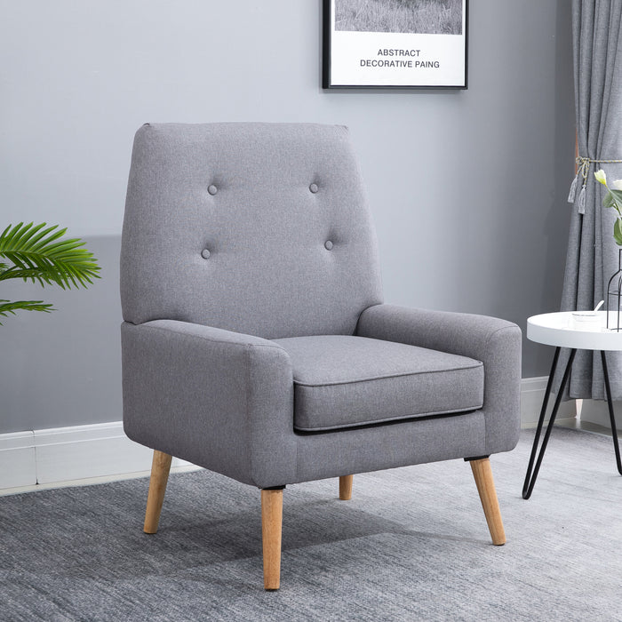 Nordic Padded Wooden Armchair - Single Cushion with Button Tufted Seat and Sponge Padding - Ideal for Scandinavian-Styled Living Room or Bedroom Comfort