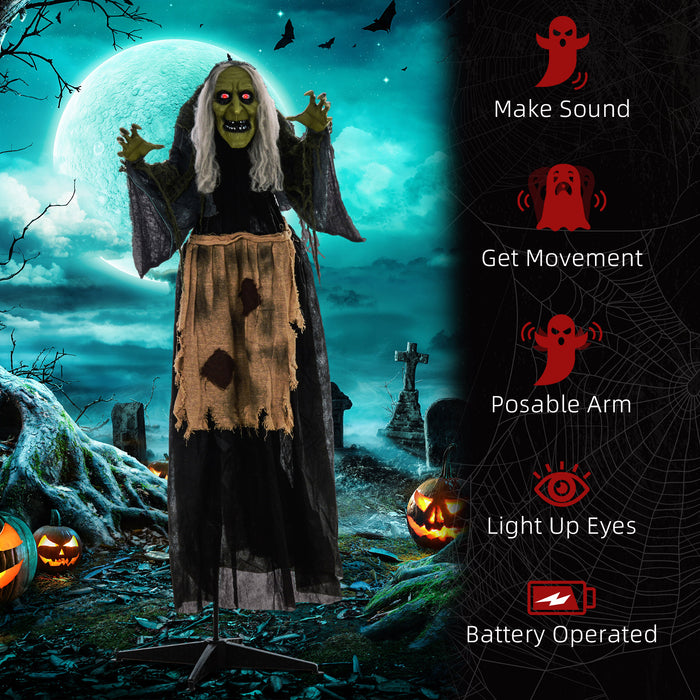 Aosom UK 63" Witch Animatronic - Sound-Activated Halloween Decoration with Light-Up Eyes & Spooky Sound Effects - Ideal Animated Prop for Haunted House Scenarios