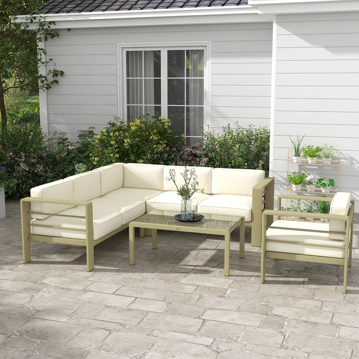 5-Piece Garden Sofa Set with Cushions - Aluminium Patio Furniture & Glass Top Coffee Table - Ideal for Deck and Patio Comfort in Gold Tone