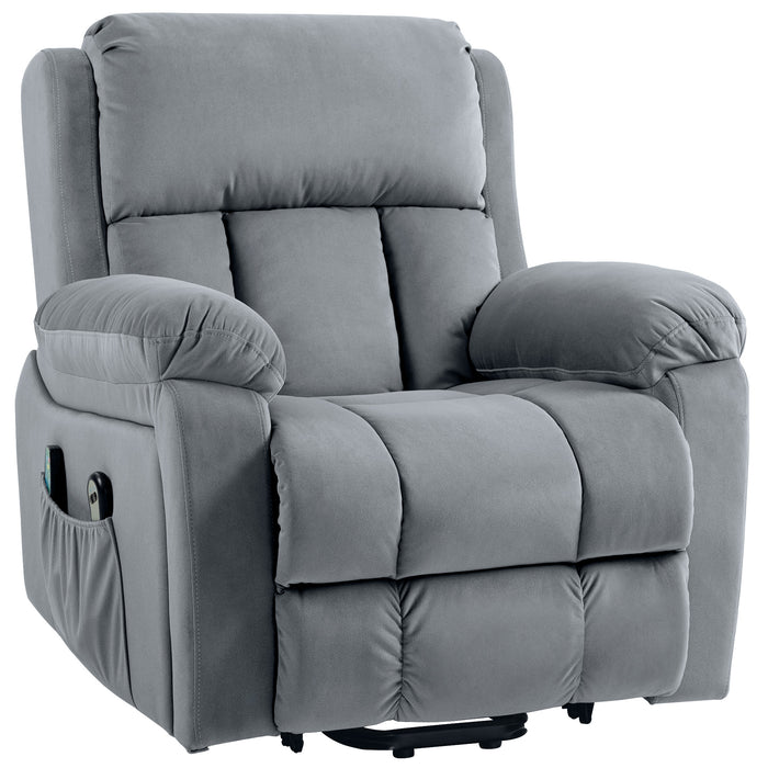 Power Lift Riser Recliner - Vibrating Massage, Heated Seating, Storage Pocket, Elegant Grey - Ideal for Elderly and Comfort Seekers