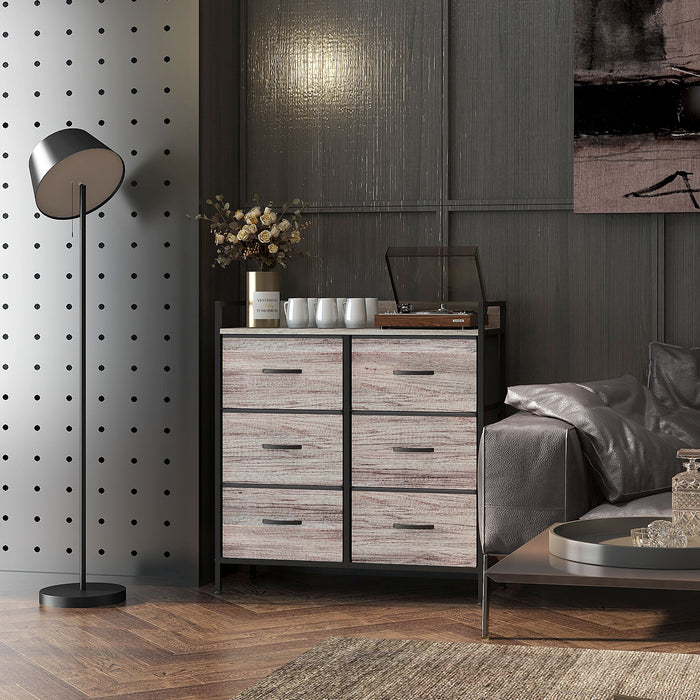 Rustic Storage Unit with 6 Fabric Drawers - Grey Wood Finish - Stylish Organizer for Bedroom or Living Area