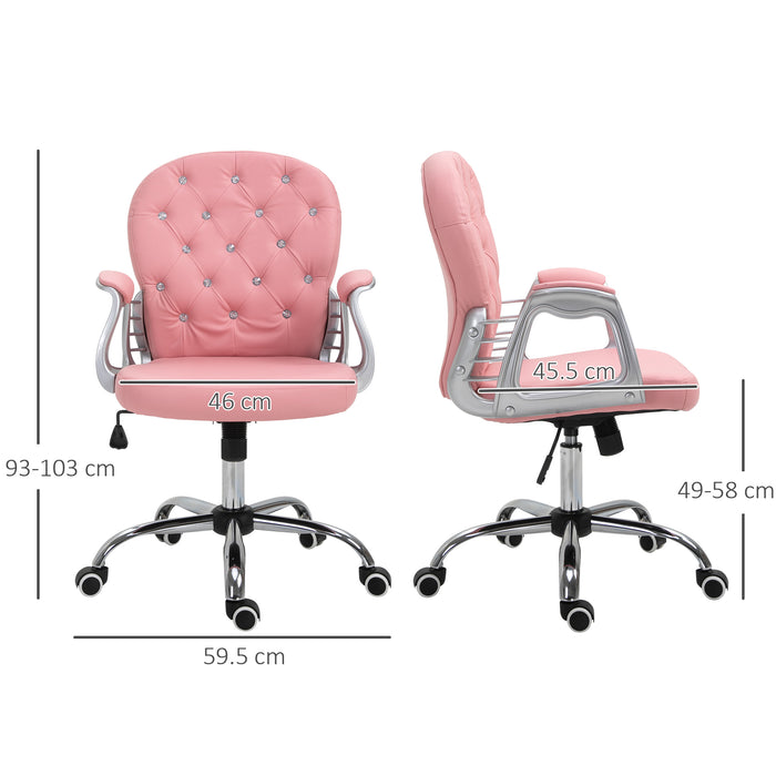 Ergonomic 360° Swivel Office Chair with PU Leather - Diamante Padded Base & 5 Castor Wheels in Pink - Perfect for Home Office Comfort