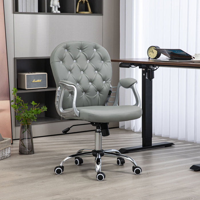 Ergonomic 360° Swivel Office Chair - PU Leather with Diamante Detailing & Padded Base, 5 Castor Wheels - Comfortable Seating Solution for Home and Office Workers, Grey