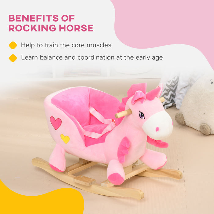 Ride-On Unicorn Rocking Horse - Wooden Rocker with Safety Seat Belt and Musical Features for Toddlers - Ideal for 18-36 Month Old Children