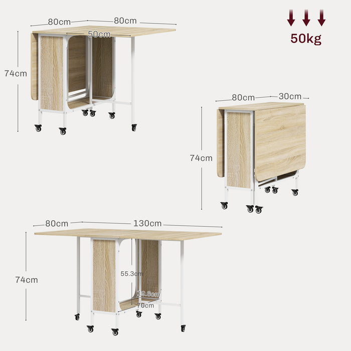 Extendable Mobile Drop-Leaf Table - Folding Kitchen and Dining Table with Storage Shelf on 6 Wheels, Natural Wood Finish - Space-Saving Solution for Small Apartments