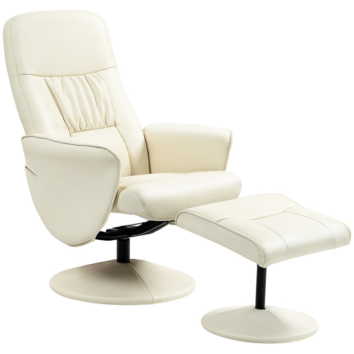 Swivel Recliner Chair & Ottoman Set - High Back PU Leather Lounge Armchair with Round Base - Comfortable Seating for Living Room, Cream White