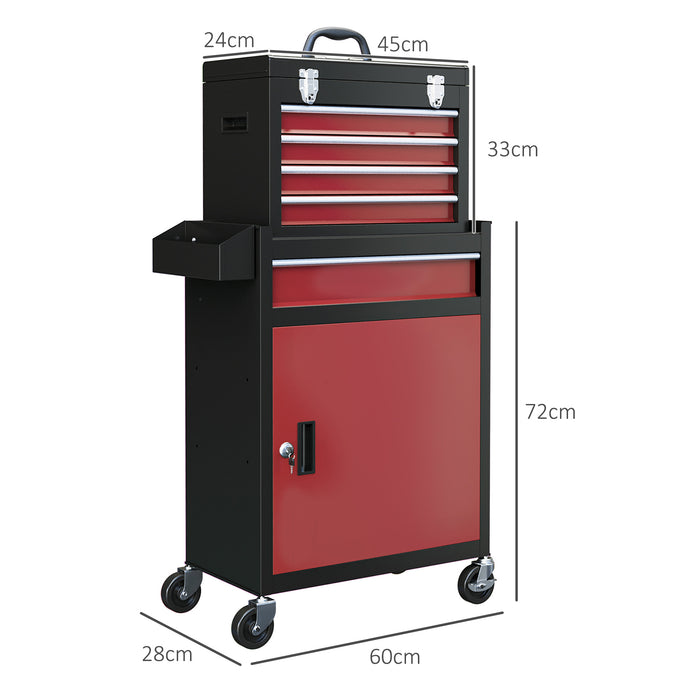 Rolling Tool Cabinet Combo with 5 Drawers and Locking System - Portable Workshop and Home Storage Solution in Red - Ideal for Organizing Tools and Securing Valuables