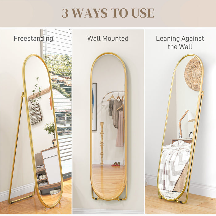 Full-Length Oval Mirror 40 x 160cm - Freestanding, Wall-Mounted, or Leaning Design with Support Frame - Elegant Gold Tone for Bedroom or Living Room Decor