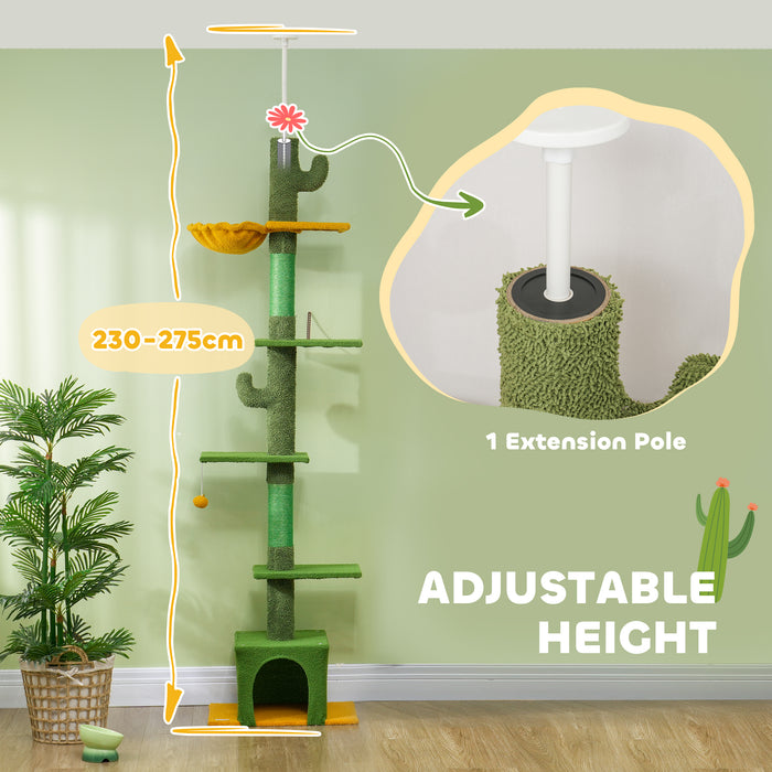 PawHut 230-275cm Floor-to-Ceiling Adjustable Cat Tree with Scratching Posts, Hammock