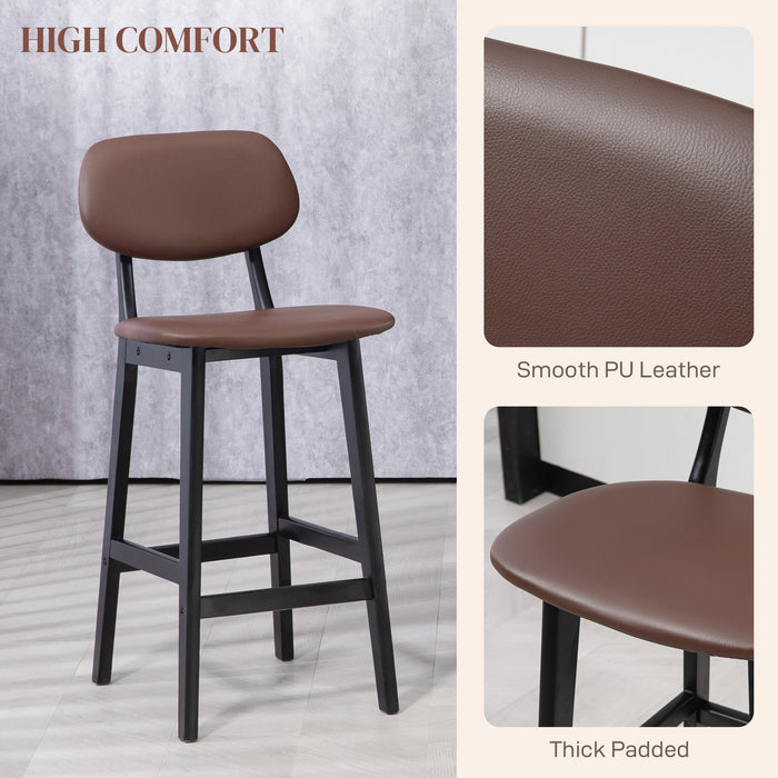 Modern Breakfast Bar Chairs Set of 2 - Faux Leather Upholstered Stools with Wood Legs and Back Support - Ideal for Kitchen Islands and Home Bars, Brown