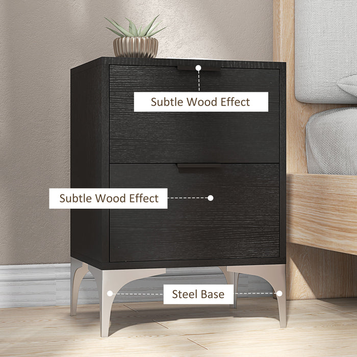 Modern 2-Drawer Nightstand Set - Small Bedside/Sofa End Tables with Steel Legs, Black - Ideal Bedroom and Living Room Storage Solution