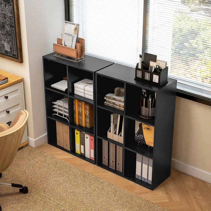 Six-Cube Organizer Shelf - Sleek Black Wood Finish Bookcase - Space-Saving Storage Solution for Home and Office