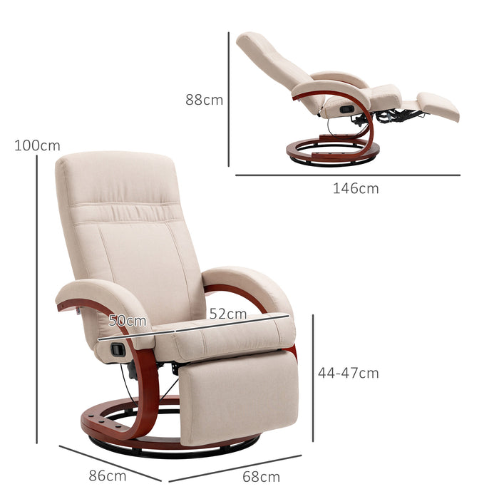 Swivel Recliner Chair with Wood Base - Extended Footrest, Manual Recline for Comfort, Beige - Ideal for Living Room or Bedroom Relaxation