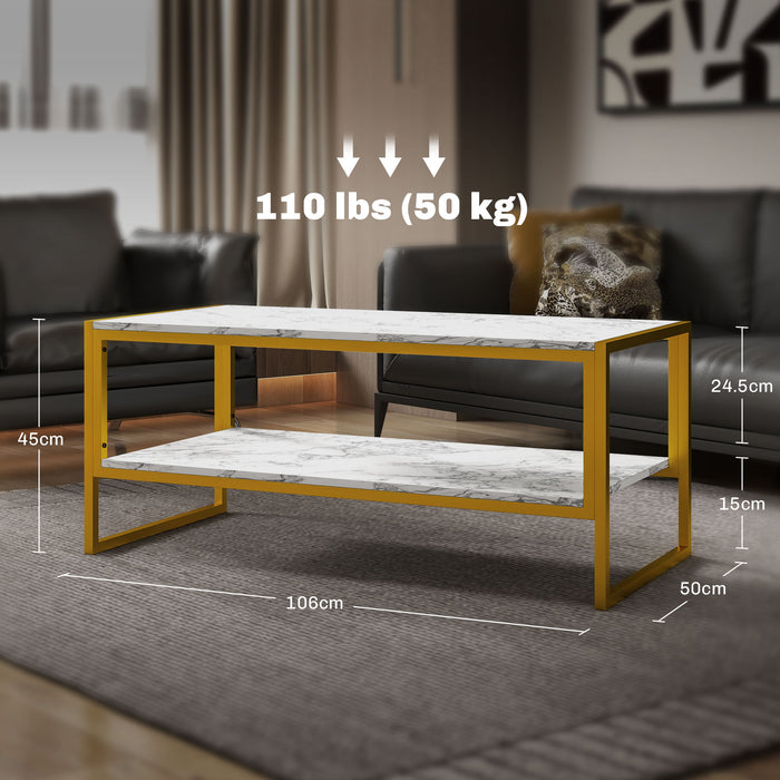 Modern Marble-Effect Two-Tier Coffee Table - Center Table with Storage Shelf, Sturdy Metal Frame - Elegant Furniture for Living Room Storage and Style