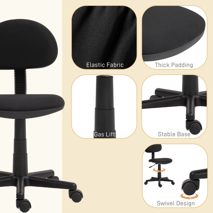 Armless Swivel Desk Chair in Black - Ergonomic and Space-Saving Design - Ideal for Small Workspaces & Home Offices