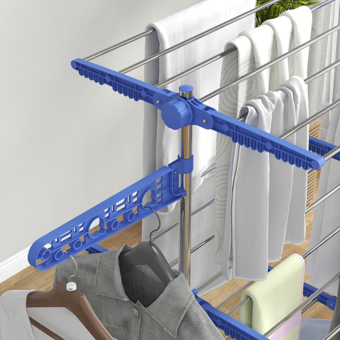 Foldable 3-Tier Stainless Steel Clothes Airer with Wheels - Indoor/Outdoor Drying Rack with Expandable Wings, Easy Assembly - Space-Saving Solution for Laundry Management, 142x55x152cm, Blue