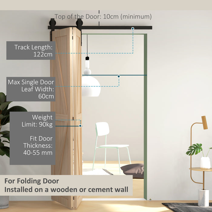 Bi-Folding Sliding Barn Door Hardware Kit - 4FT/122CM Heavy Duty Track System with J Shape Hangers for Dual Doors - Space-Saving & Stylish Access Solution for Home Interiors