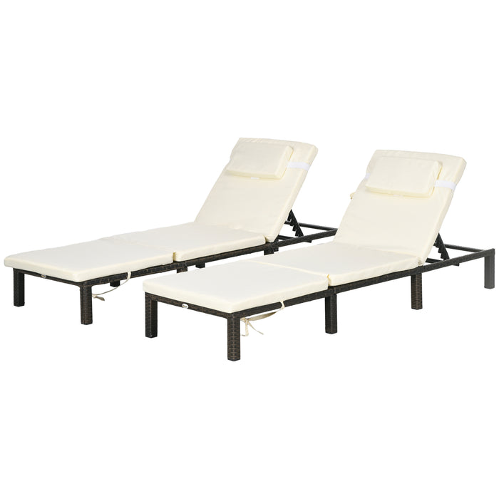 Rattan Sun Lounger Duo with 5-Position Backrest - Wicker Patio Recliners with Cushions and Headrests - Ideal for Outdoor Relaxation and Garden Comfort, Cream White