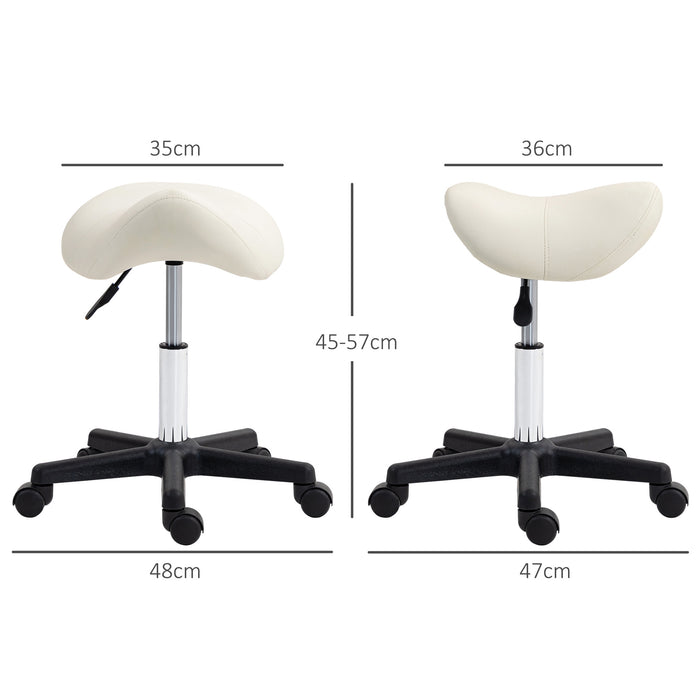 Adjustable White Saddle Stool - PU Leather, Steel Frame, Rolling Salon Chair for Massage, Spa, Beauty & Tattoo - Comfortable Seating for Professionals