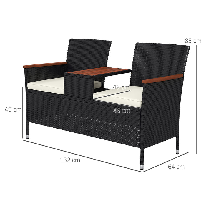 Rattan Two-Seater Loveseat with Integrated Wood-Top Table - Elegant Black Finish - Perfect for Couples or Small Patios