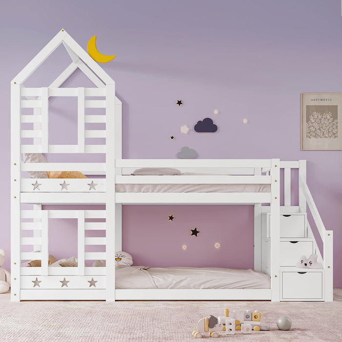 Solid Pine Wood Twin Sleeper with Storage - Cabin Bunk Bed with Built-in Staircase, Cupboards, and Underbed Drawers, 235x97x217 cm in White - Ideal Space Saver for Kids' Bedroom