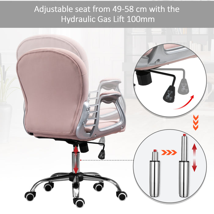 Ergonomic 360° Swivel Office Chair - Diamante Tufted Velour with Padded Base & 5 Castor Wheels in Pink - Perfect for Home Office Comfort & Style