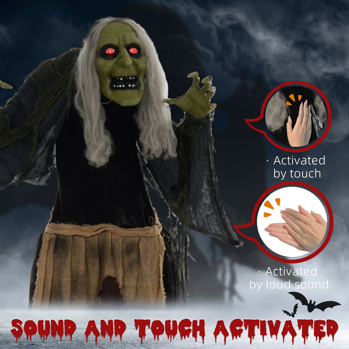 Aosom UK 63" Witch Animatronic - Sound-Activated Halloween Decoration with Light-Up Eyes & Spooky Sound Effects - Ideal Animated Prop for Haunted House Scenarios