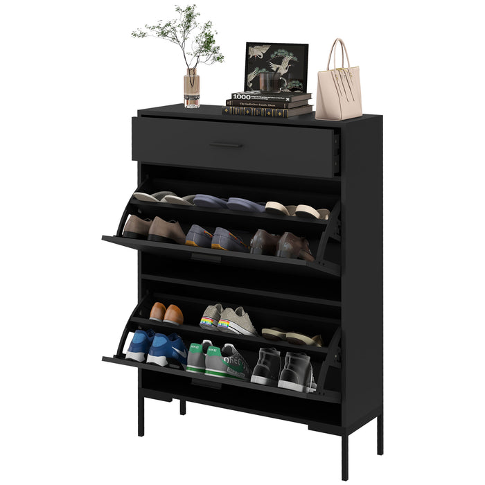 Narrow 3-Drawer Shoe Cabinet with 2 Flip Doors - Sliding Drawer & Adjustable Shelf for 12-Pair Shoe Storage - Ideal for Hallway & Entryway Organization, Black