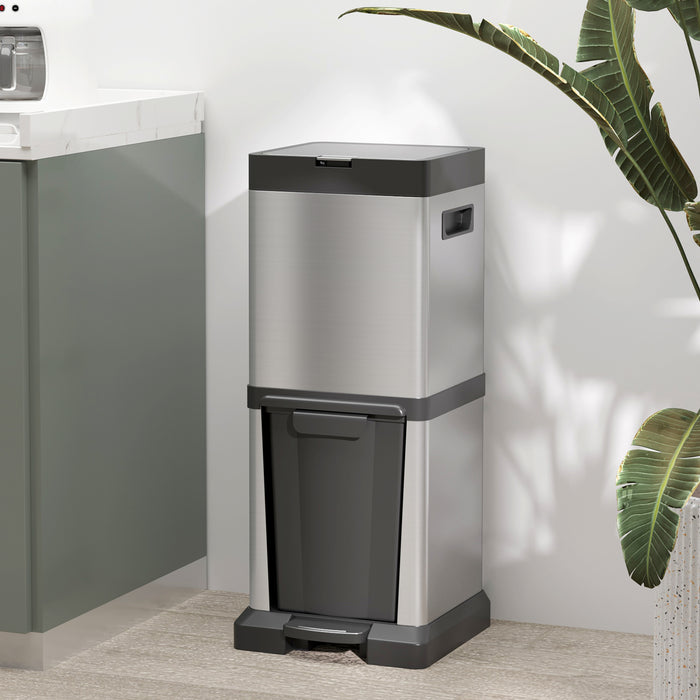 Dual Compartment Kitchen Trash Can - 20+14L Recycling and Waste Stainless Steel Bin, Vertical Pedal Operation with Tilt-Out Design - Soft-Close Lid, Detachable Inner Buckets, Easy Carry Handles for Home Use