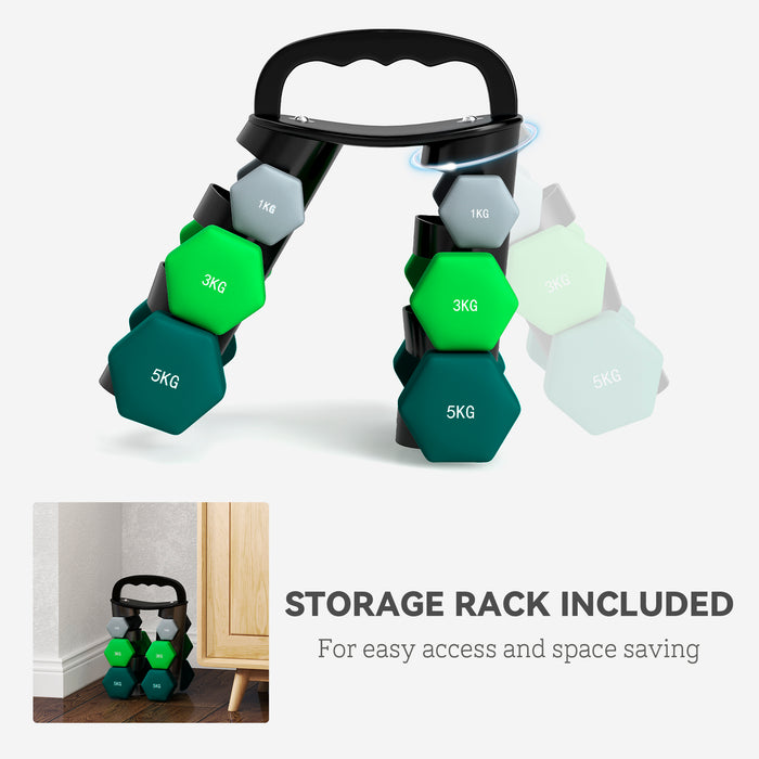 SPORTNOW Dumbbells Set with Carry Storage Rack, Set of 6 Weights for Home Gym Kettlebell Training Weight Lifting Exercise, 2 x 1kg, 2 x 3kg, 2 x 5kg