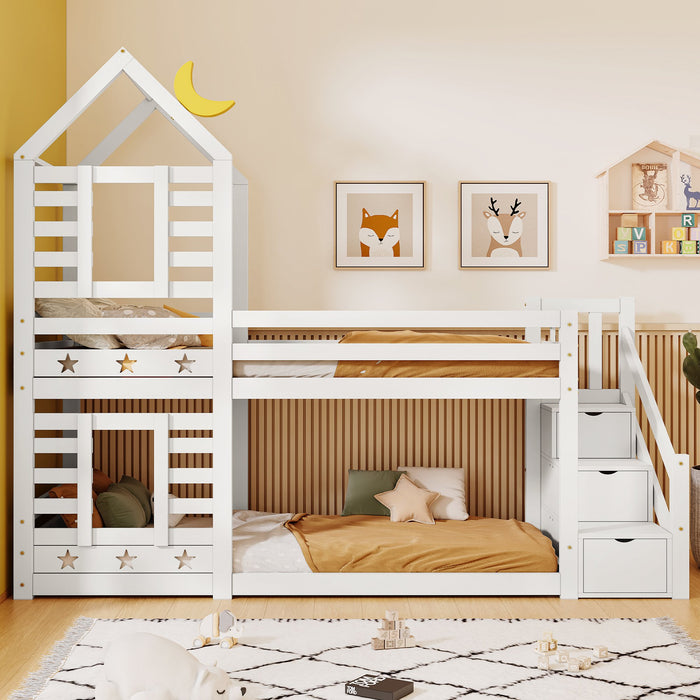 Solid Pine Wood Twin Sleeper with Storage - Cabin Bunk Bed with Built-in Staircase, Cupboards, and Underbed Drawers, 235x97x217 cm in White - Ideal Space Saver for Kids' Bedroom