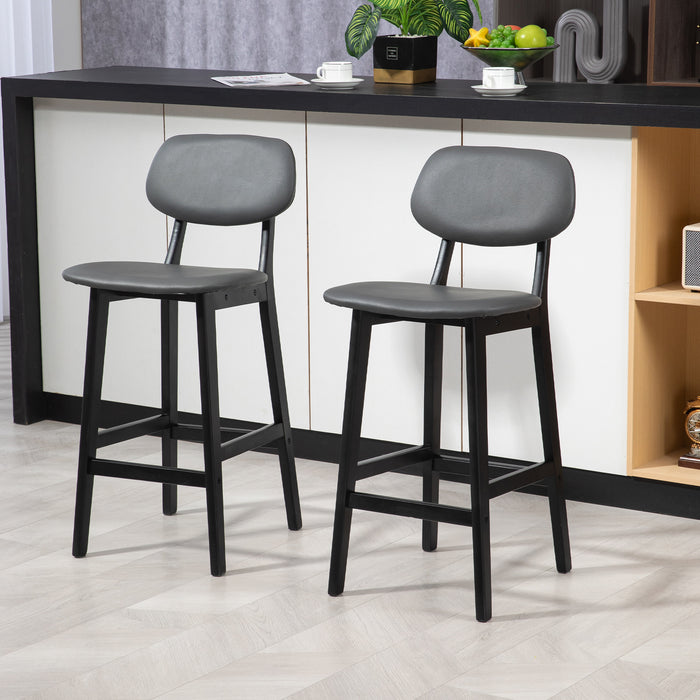 Modern Breakfast Bar Chair Duo - Faux Leather Upholstered Stools with Wooden Legs in Dark Grey - Stylish Seating for Kitchen and Dining Spaces