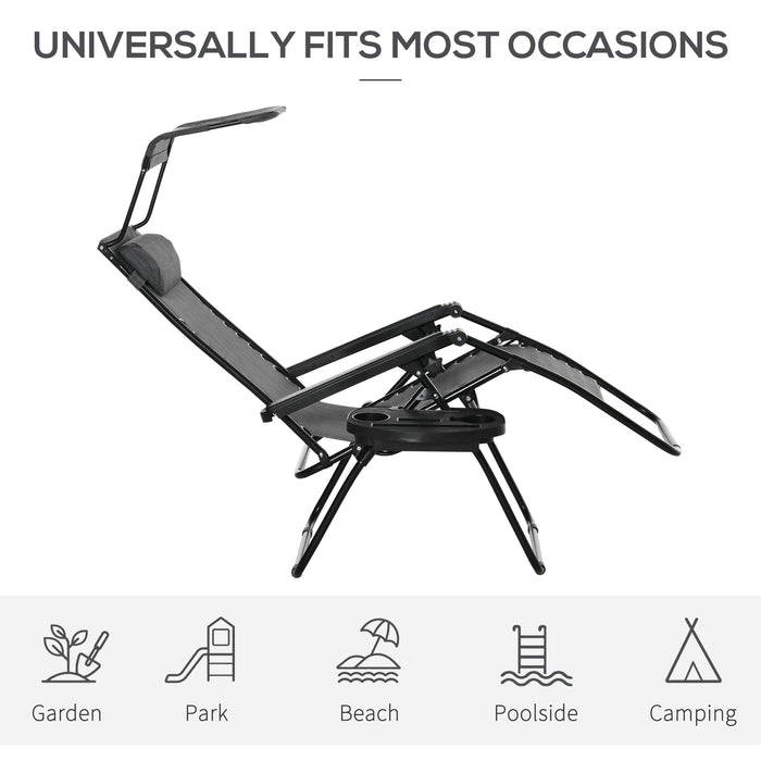 Foldable Zero Gravity Garden Lounge Chairs with Headrest - Reclining Sun Loungers with Footrest, Armrest, Cup Holder & Canopy Shade - Comfortable Outdoor Seating for Patio & Deck Use