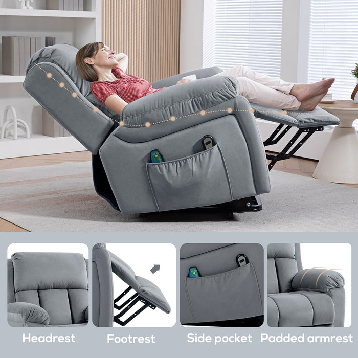 Power Lift Riser Recliner - Vibrating Massage, Heated Seating, Storage Pocket, Elegant Grey - Ideal for Elderly and Comfort Seekers