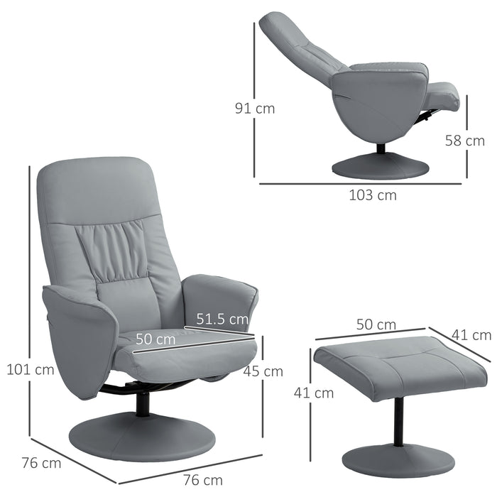 Swivel Recliner Chair & Ottoman Set - PU Leather High Back Armchair with Round Base, Light Grey - Comfortable Seating Solution for Living Room